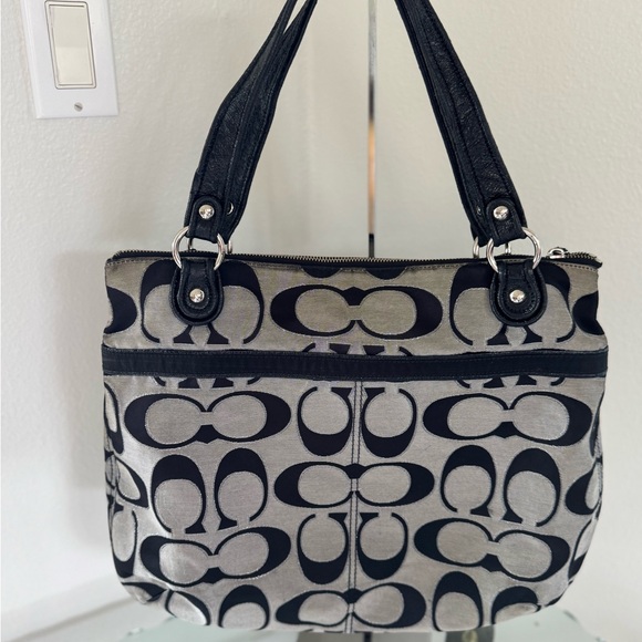 COACH Poppy Metallic Sign Sateen Glam Tote Black/Silver - Picture 1 of 11